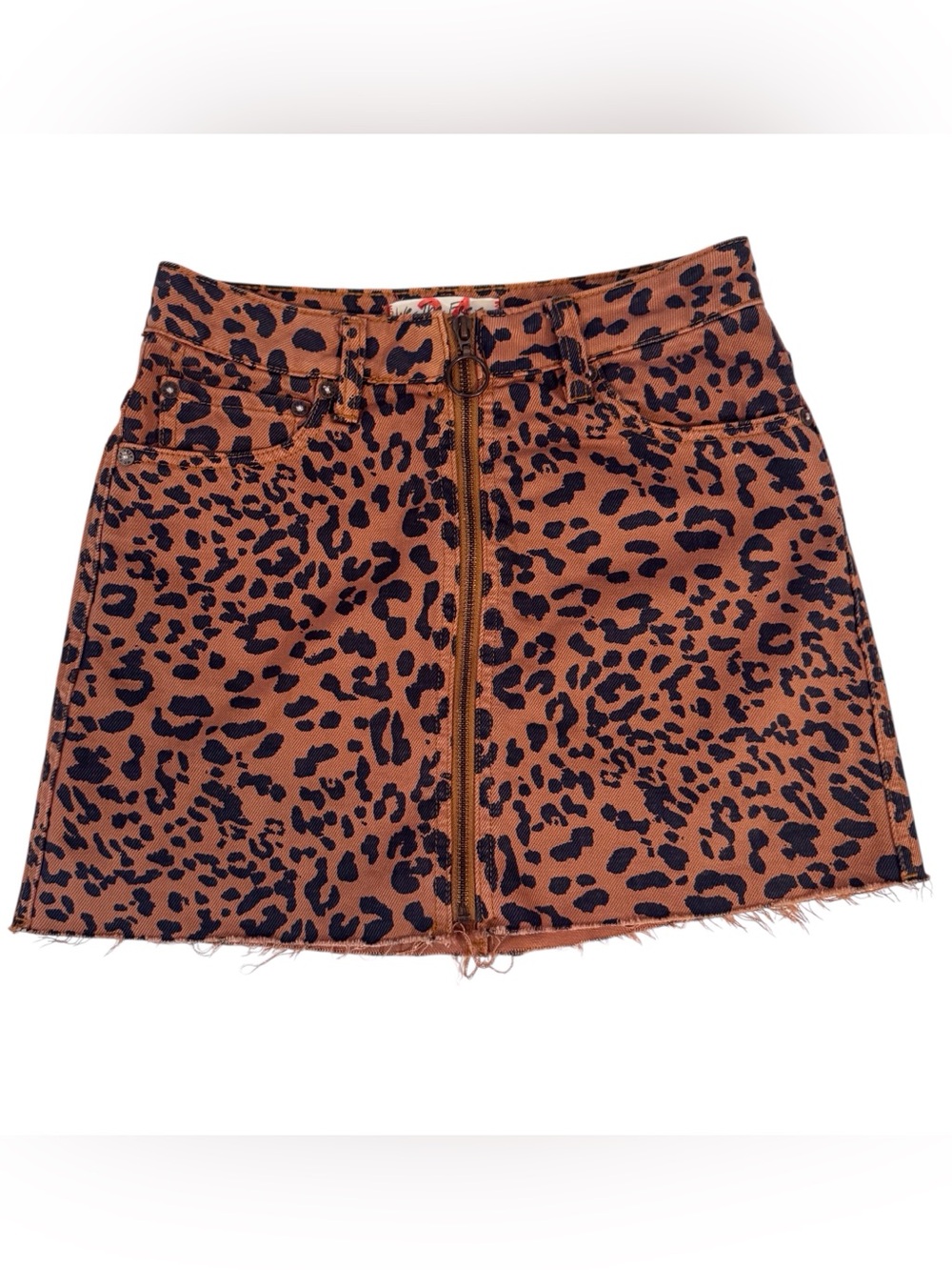 We The Free Size 24 Leopard Animal Print Zip Up Denim Mini Skirt Boho Raw Hem